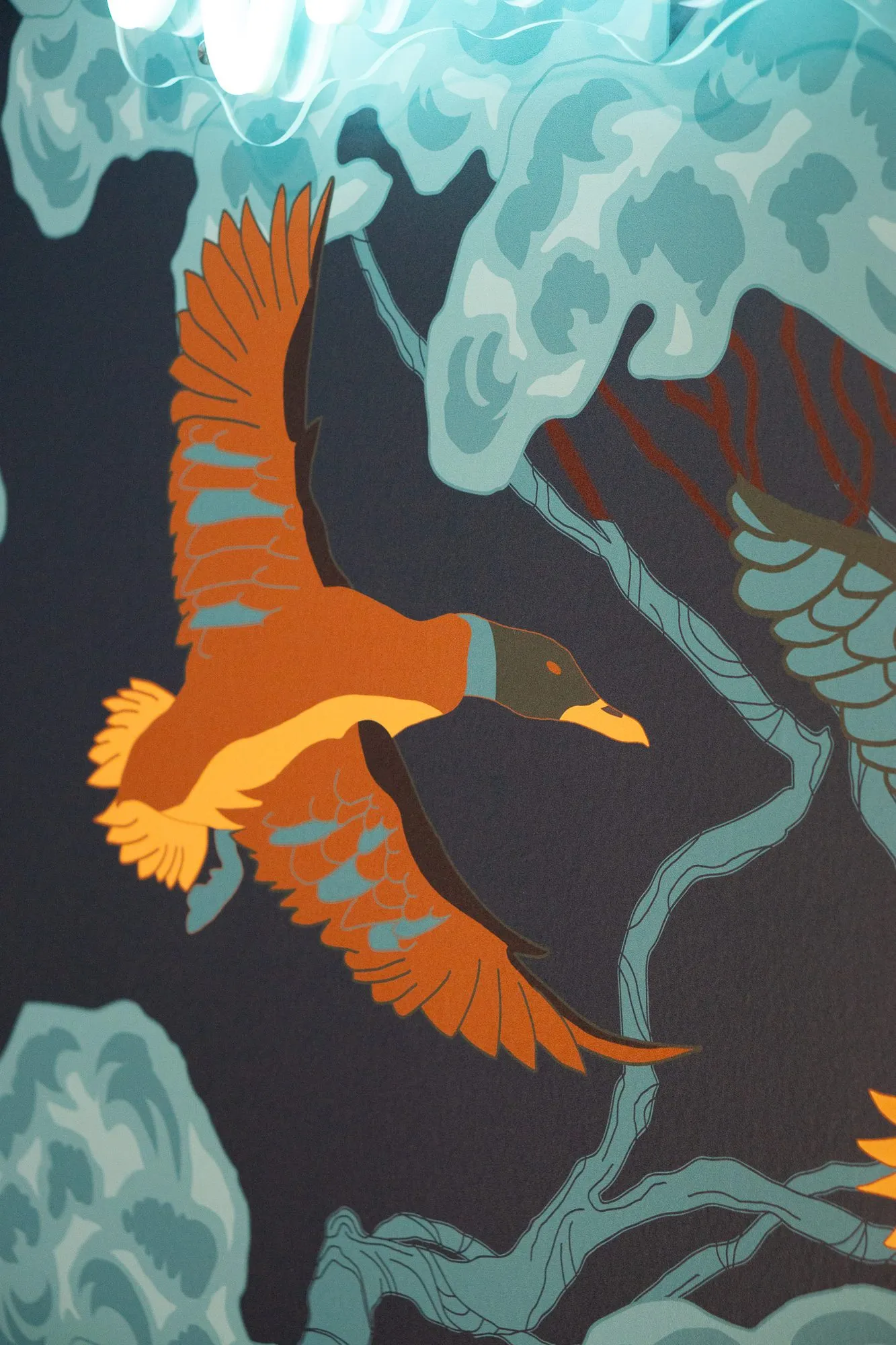 Multifamily amenity alcove wallpaper of orange ducks in flight among teal foliage on charcoal