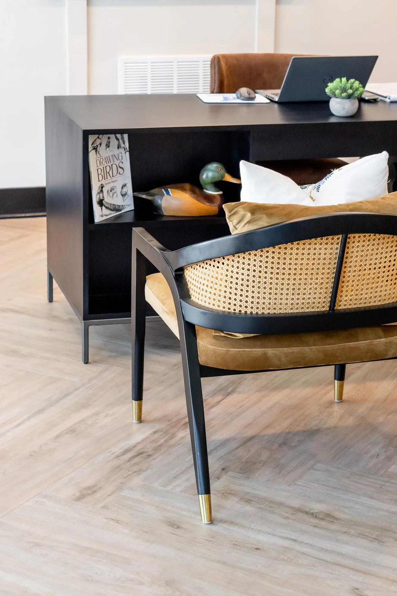 Multifamily amenity leasing desk in black with a laptop, a cane chair before it and a duck decoy on the shelf