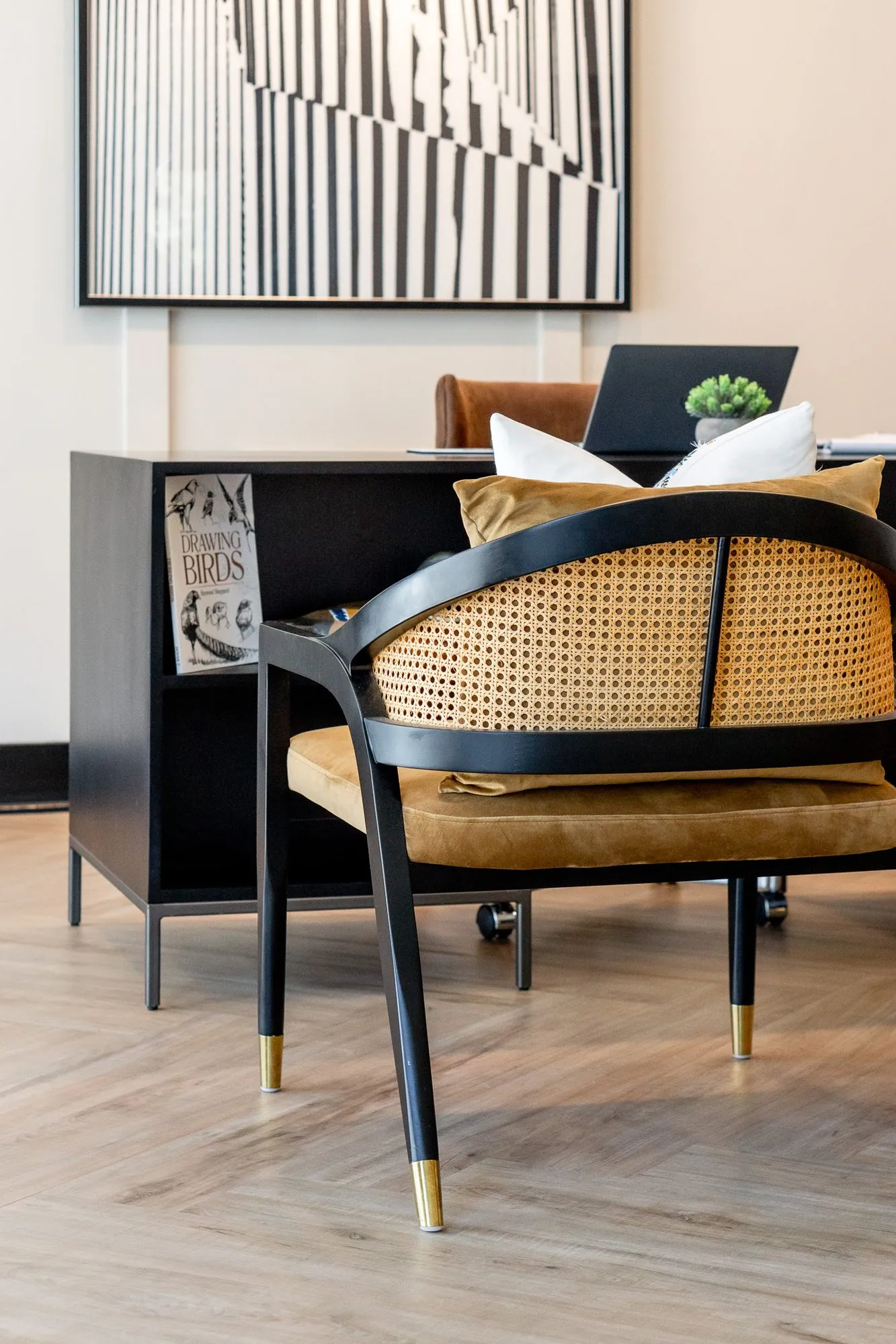 Multifamily amenity leasing area with a cane-back chair and black desk below a black and white stripe artwork