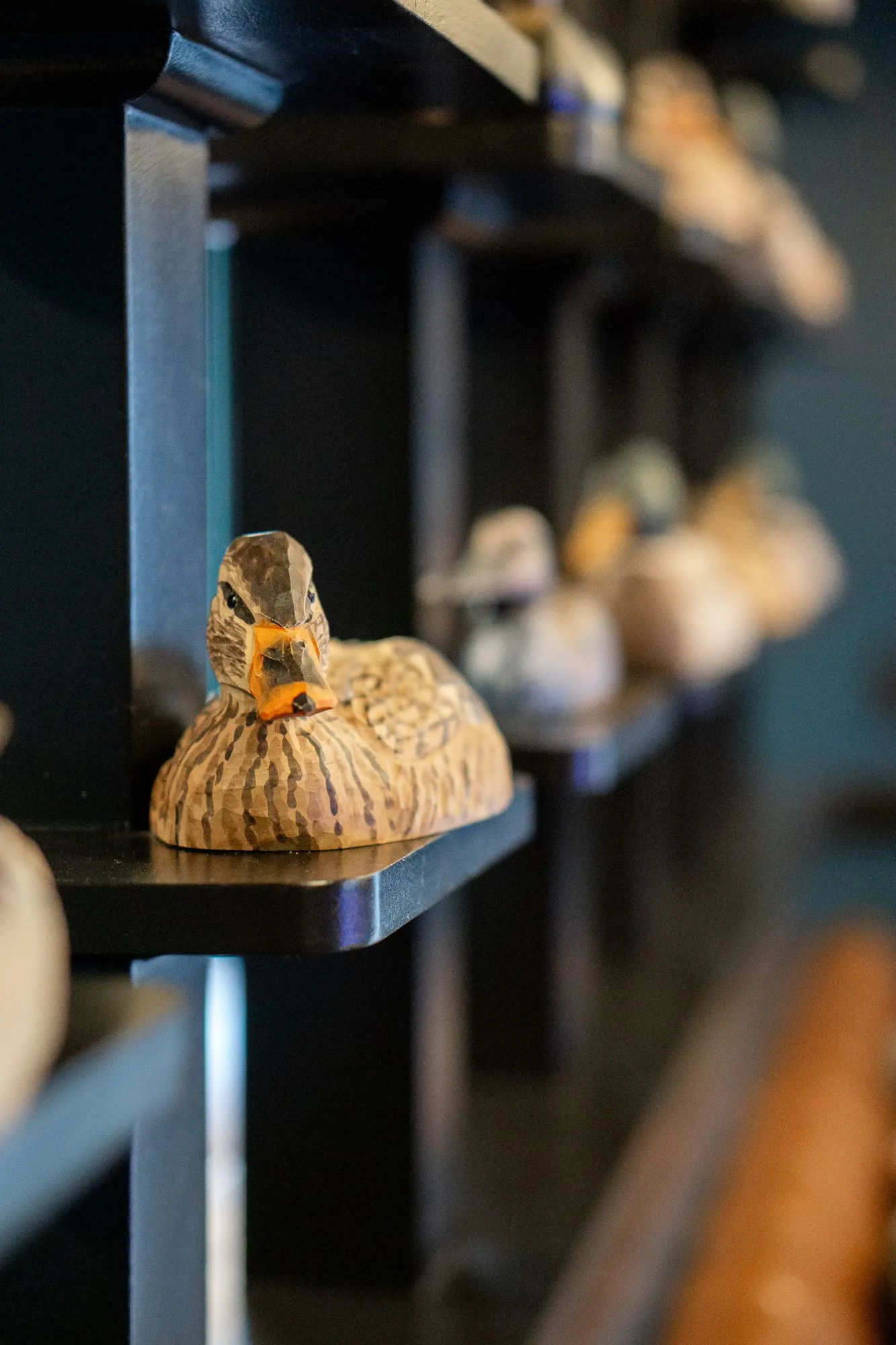 Multifamily amenity interior detail: carved duck decoy on a black shelf