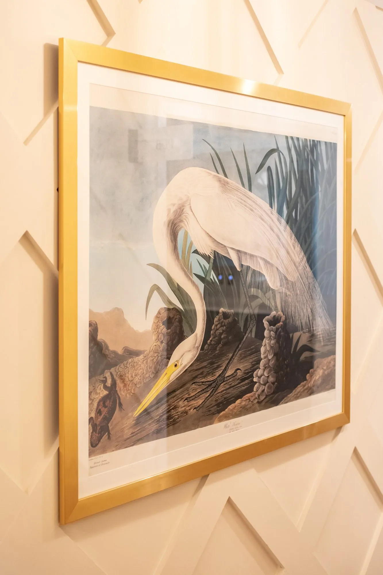 Senior living interior detail: egret print in a gold frame on a white diamond panelled wall