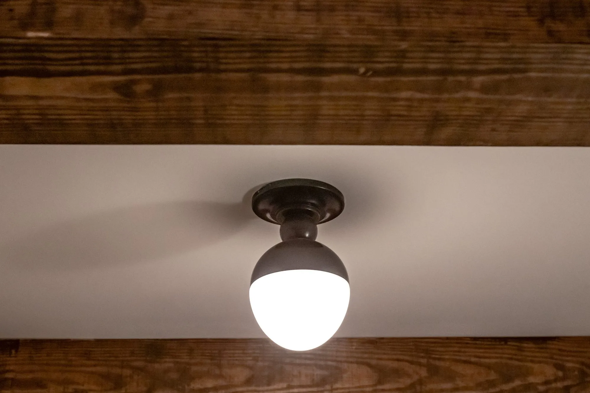 Senior living interior detail: opal globe flush ceiling light between weathered wood beams