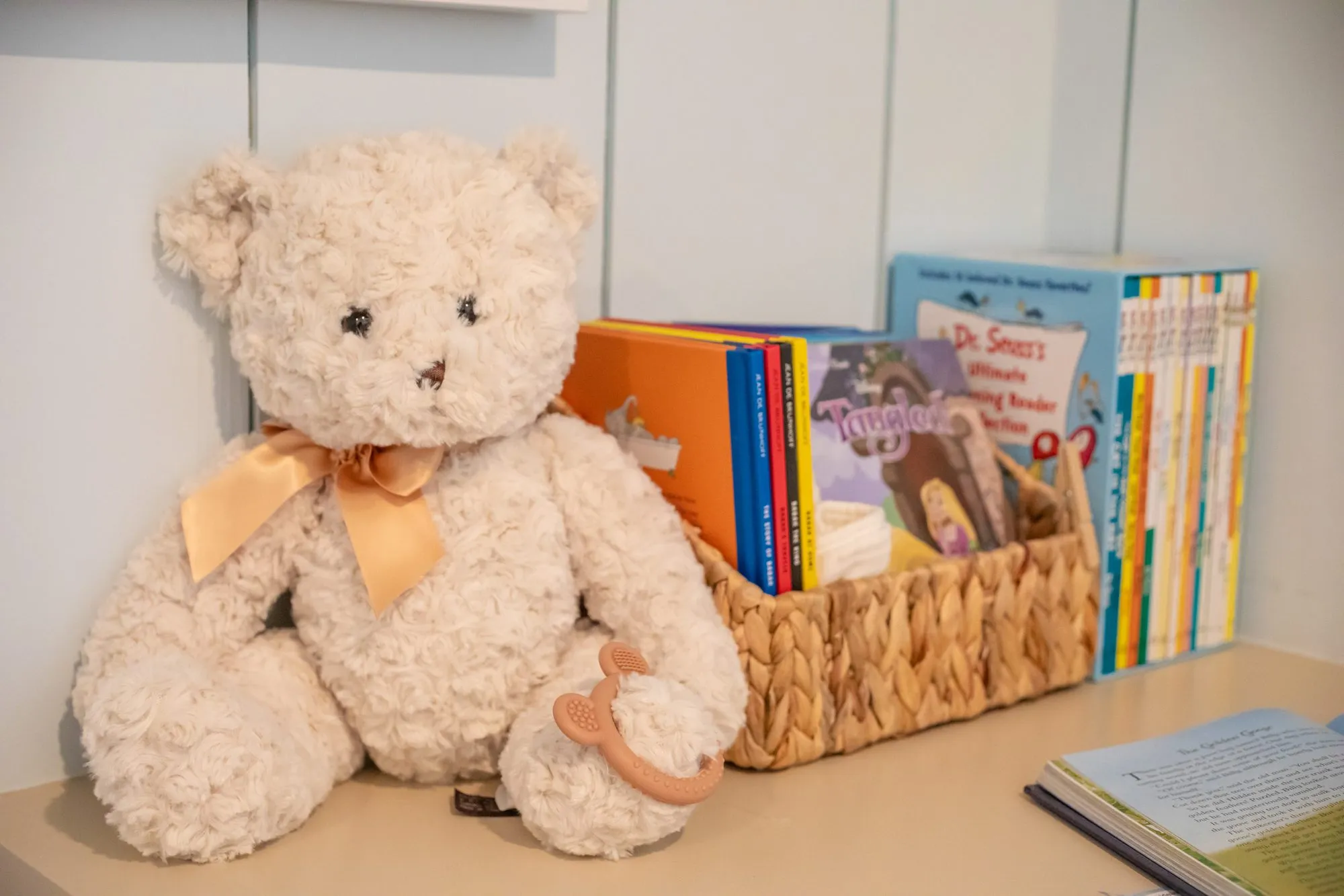 Senior living interior detail: plush cream teddy bear beside a woven basket of children's books on a counter