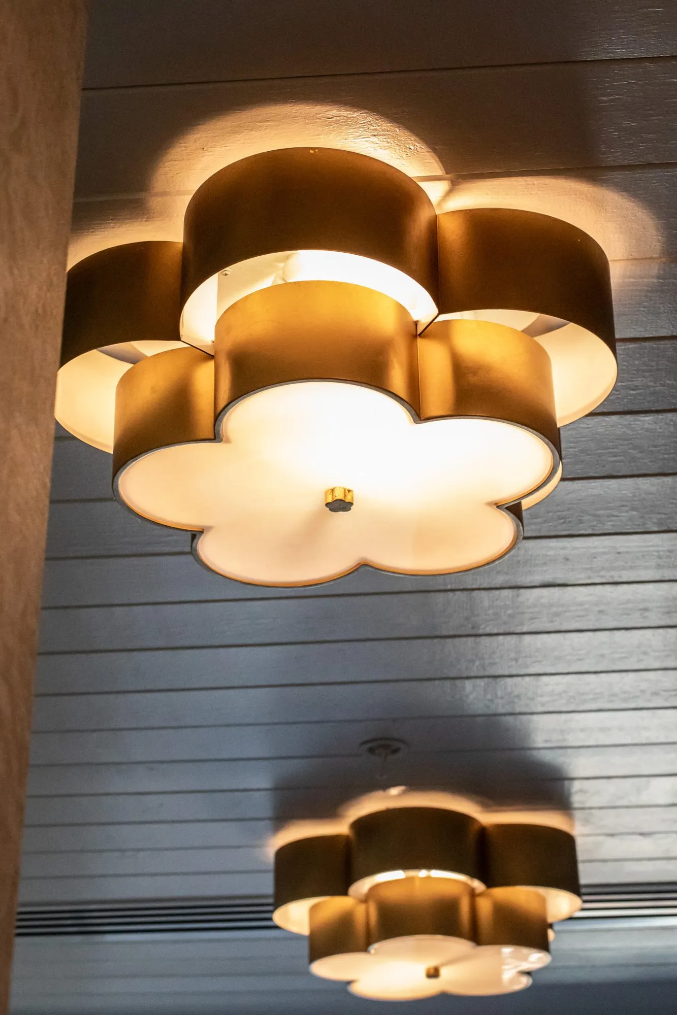 Senior living interior detail: two brass and white scalloped flush ceiling lights on a white plank ceiling