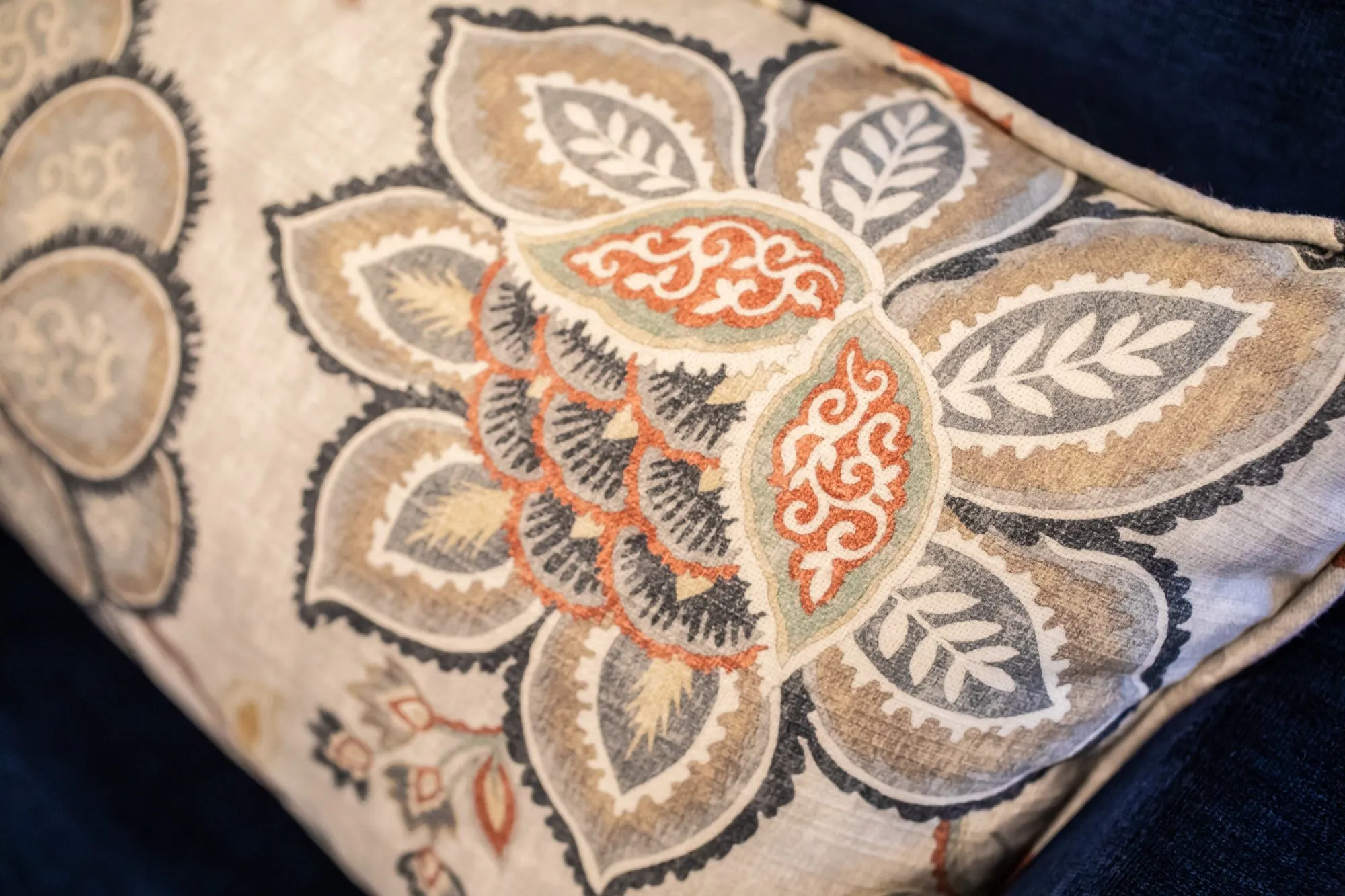 Senior living interior detail: pillow printed with a large floral medallion in taupe, coral and grey on navy