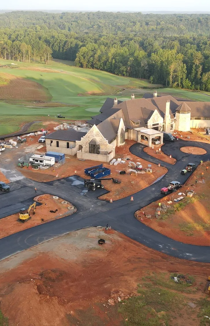 Private club clubhouse under construction, aerial long view to the fairways, interior design by Banko Design at The Rose Golf Club, Athens, Georgia