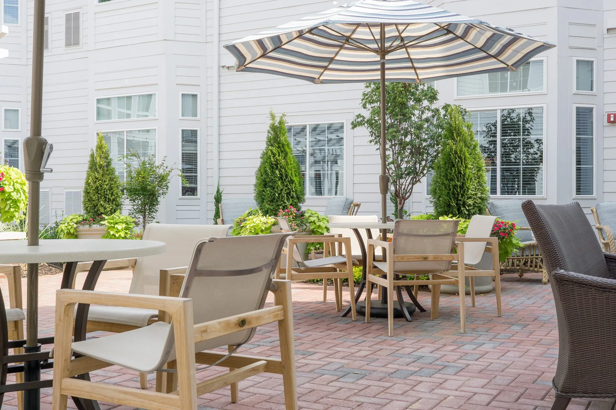 Senior living courtyard with teak-framed sling chairs at tables under striped umbrellas, cypress along the clapboard wall