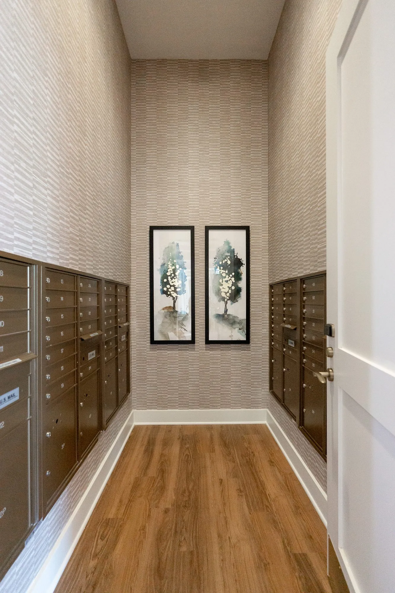 Senior living mail room with two banks of bronze mailboxes along textured walls and two framed tree prints
