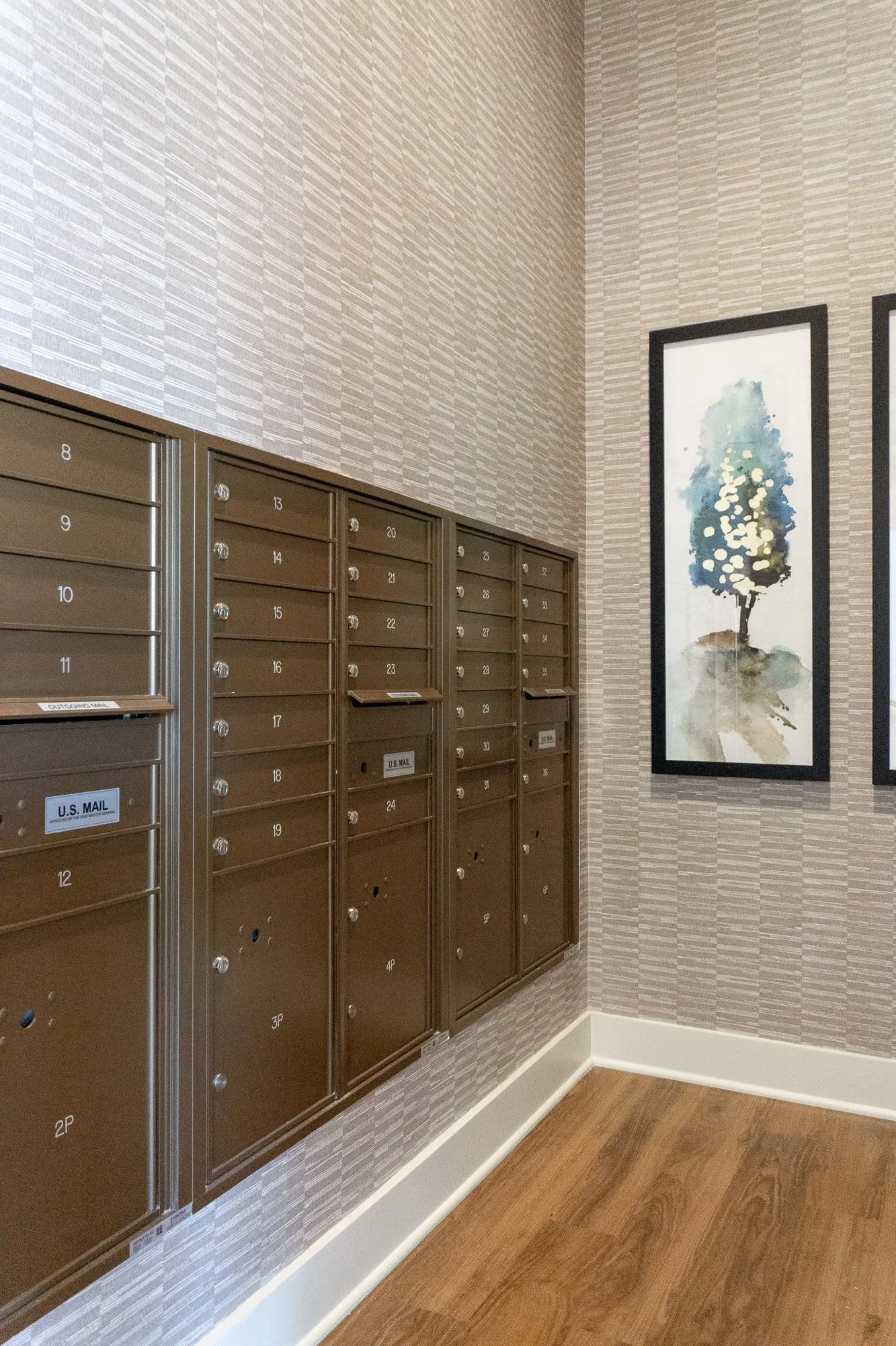 Senior living mail room with bronze mailboxes along a textured wall beside a framed watercolour tree